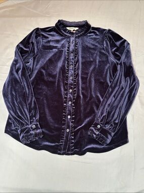 Boden NWT Ruffle Trim Button Down Top Shirt Deep Purple Velour Size 10